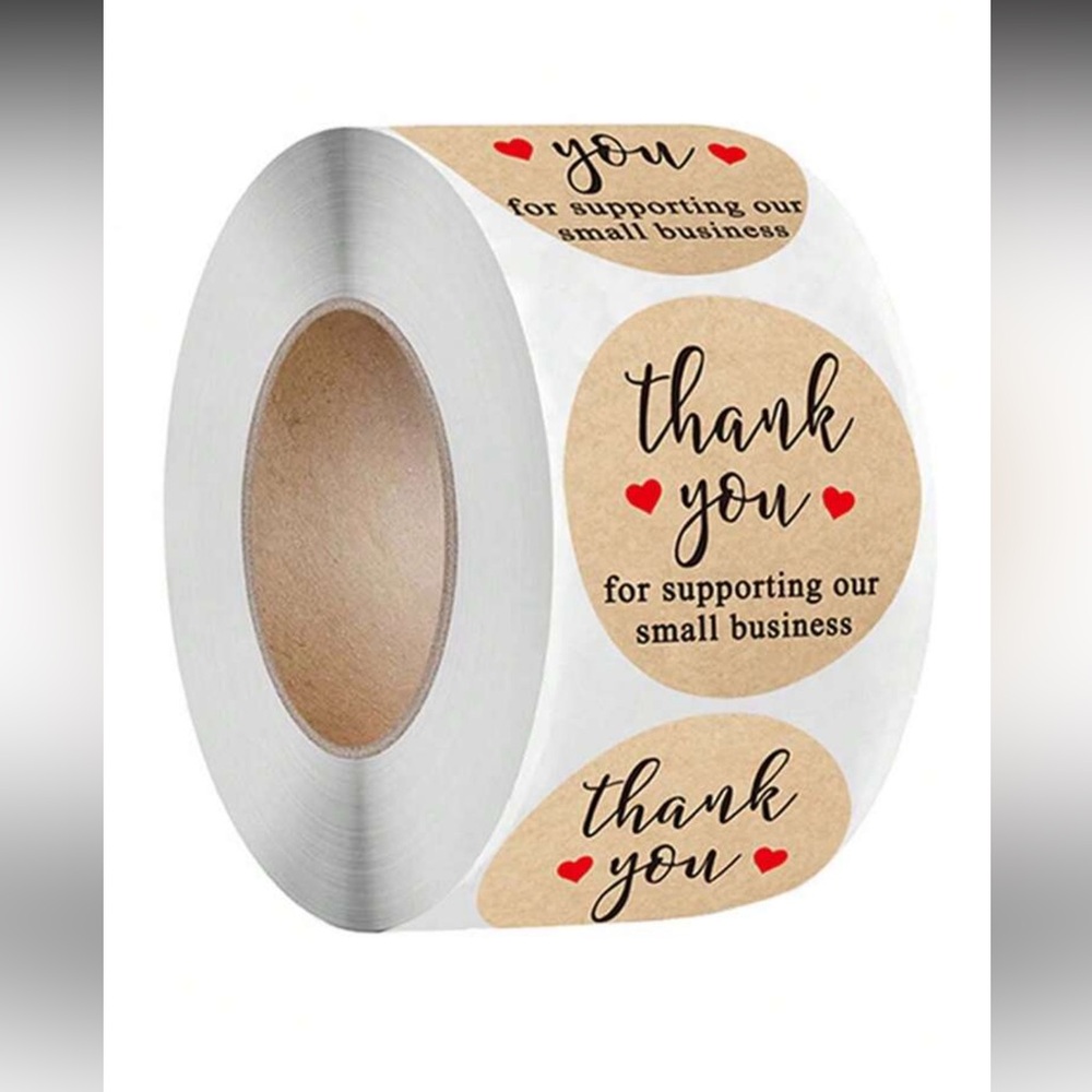 1 Roll, 500 pcs 1” Brown/Red Hearts Thank You Label for Gift Bags, Envelopes.